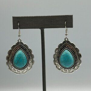 3/$30 Faux Turquoise Dangle Earrings Women Silver Tone Etched Teardrop